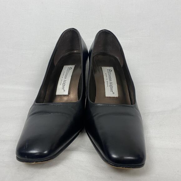 VTG Etienne Aigner Heels Womens 7.5 Black Leather Pumps Square Toe Chunky Heel - Picture 3 of 14